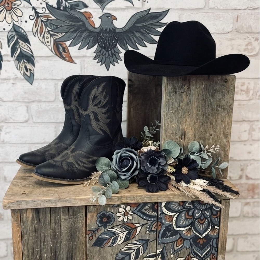 Roper Womens Black Western Boho Cowboy Boots Grey Eagle Embroidery festival- 8